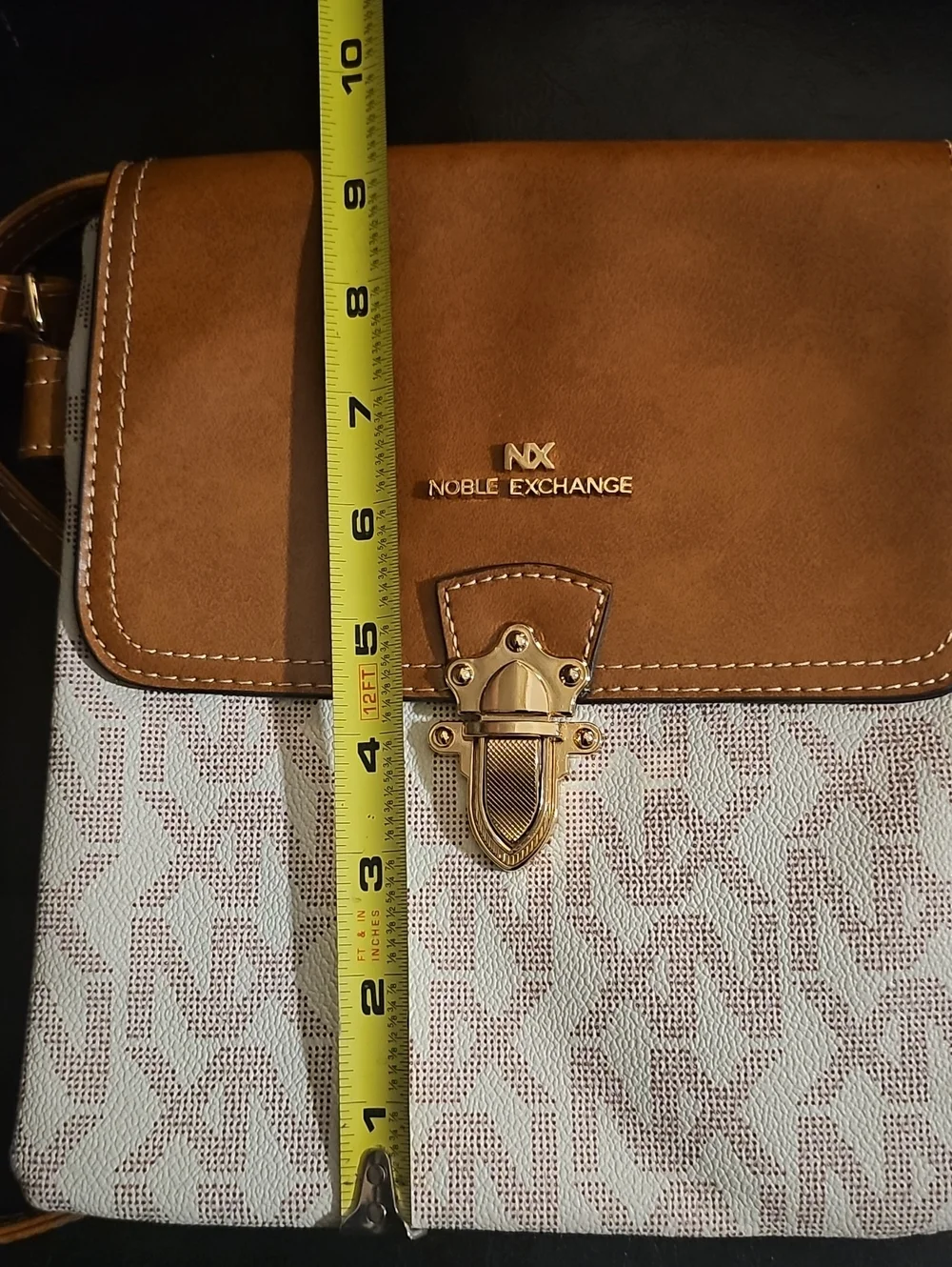 Nobel EXCHANGE Brown & White Logo Crossbody Bag with Gold Hardware